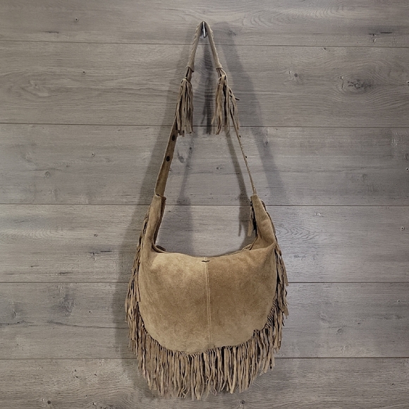 Rapsodia Handbags - Rapsodia Suede Fringe Hobo Crossbody Shoulder Bag - Tan